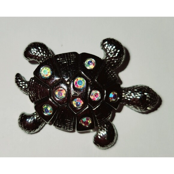 TURTLE Brooch, Unmarked AB Rhinestones Silvertoned 1.25" Around - Picture 1 of 8